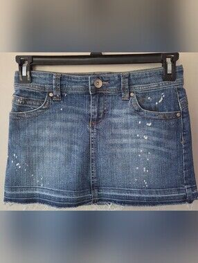 Vintage L.E.I. Mini Jean Skirt 30" Dark Wash Y2K Streetwear Raw Hem Distressed